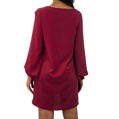 Long Sleeve Mini Shift Dress with V-Neckline and Lace Trim Detail - Get it from Bo