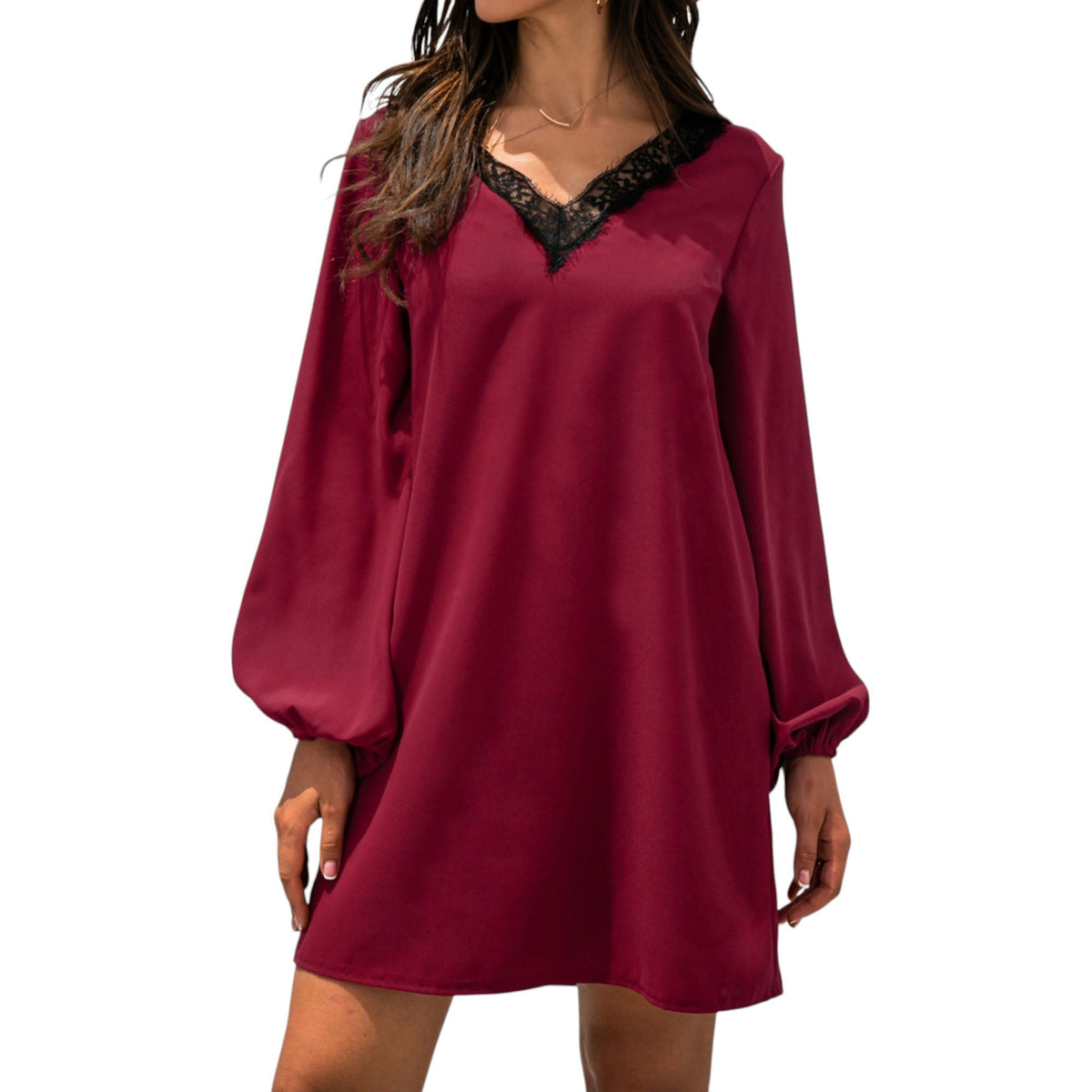 Long Sleeve Mini Shift Dress with V-Neckline and Lace Trim Detail - Get it from Bo