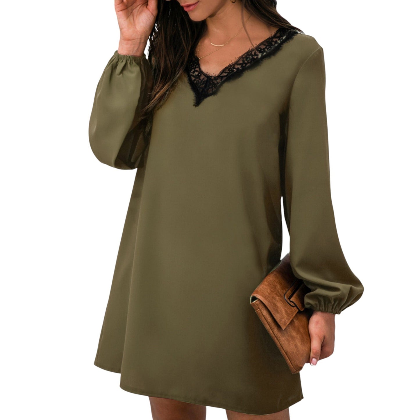 Long Sleeve Mini Shift Dress with V-Neckline and Lace Trim Detail - Get it from Bo