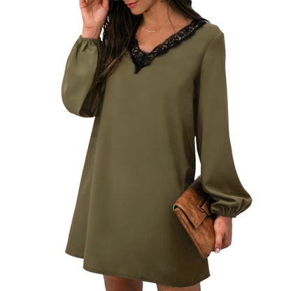 Long Sleeve Mini Shift Dress with V-Neckline and Lace Trim Detail - Get it from Bo