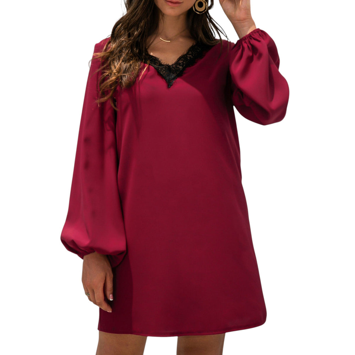 Long Sleeve Mini Shift Dress with V-Neckline and Lace Trim Detail - Get it from Bo