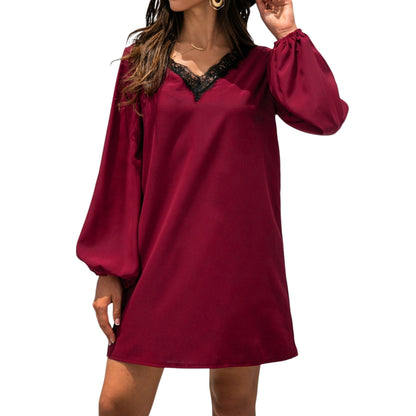 Long Sleeve Mini Shift Dress with V-Neckline and Lace Trim Detail - Get it from Bo