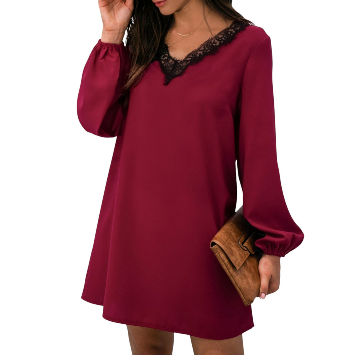 Long Sleeve Mini Shift Dress with V-Neckline and Lace Trim Detail - Get it from Bo