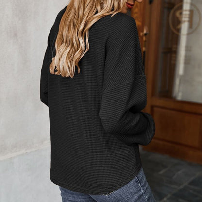 Long Sleeve Waffle Knit Pullover Top with Shoulder Button Detail and Front Tie Hem - Get it from Bo