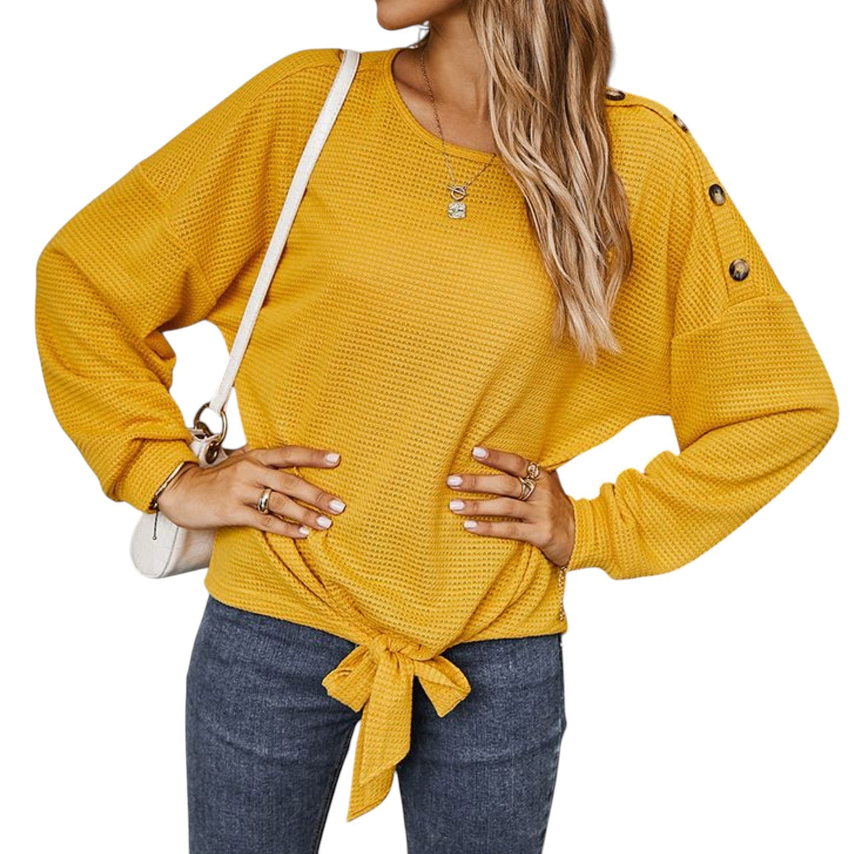 Long Sleeve Waffle Knit Pullover Top with Shoulder Button Detail and Front Tie Hem - Get it from Bo