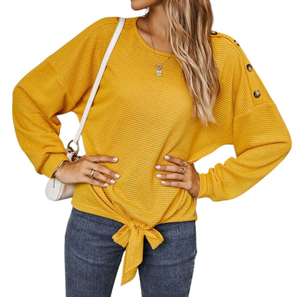 Long Sleeve Waffle Knit Pullover Top with Shoulder Button Detail and Front Tie Hem - Get it from Bo