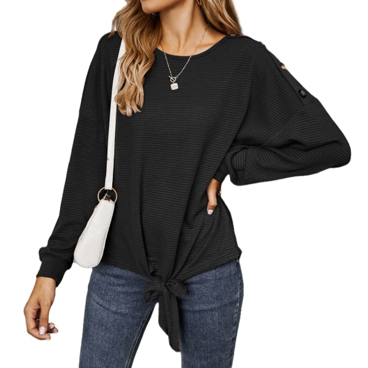 Long Sleeve Waffle Knit Pullover Top with Shoulder Button Detail and Front Tie Hem - Get it from Bo