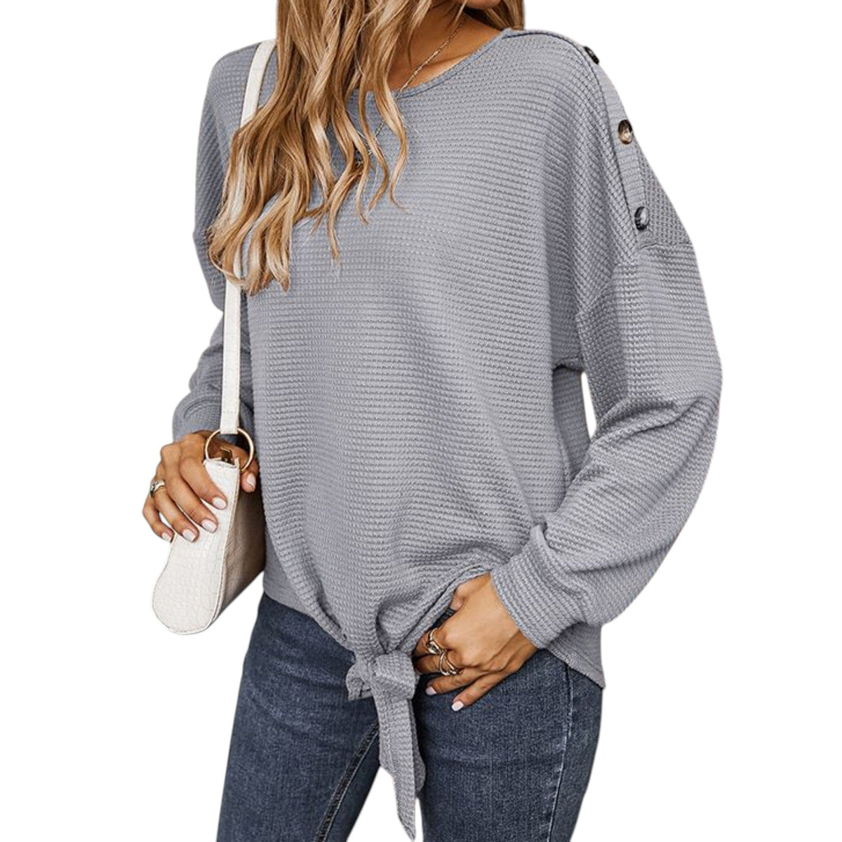 Long Sleeve Waffle Knit Pullover Top with Shoulder Button Detail and Front Tie Hem - Get it from Bo