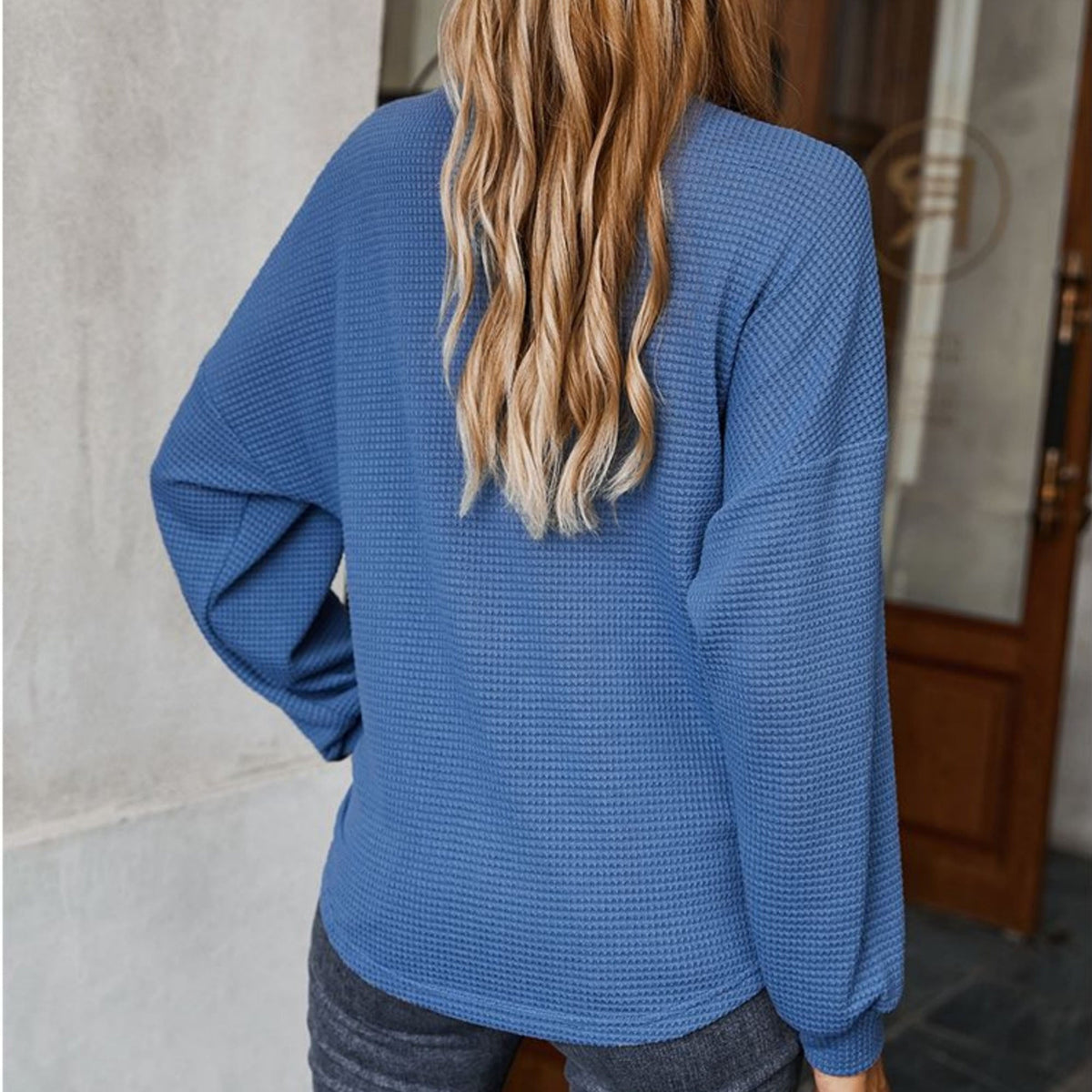Long Sleeve Waffle Knit Pullover Top with Shoulder Button Detail and Front Tie Hem - Get it from Bo