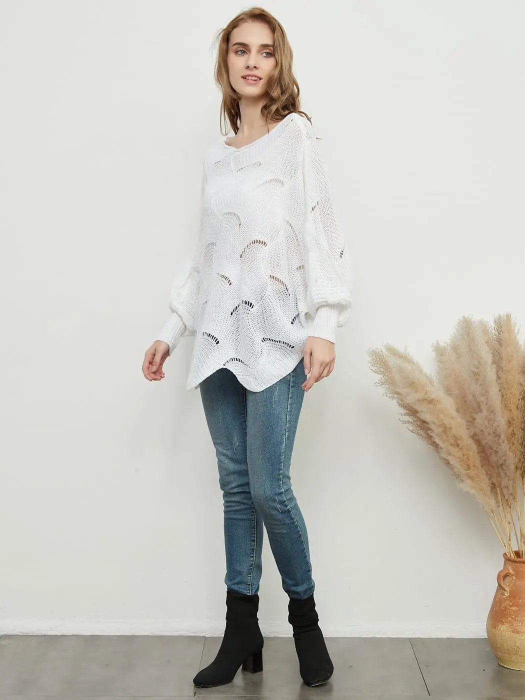 Loose Batwing Sleeve Hollow Out Knit Sweater Top - Get it from Bo