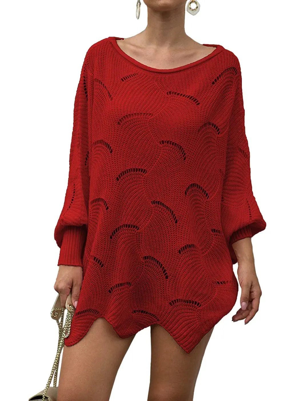 Loose Batwing Sleeve Hollow Out Knit Sweater Top - Get it from Bo