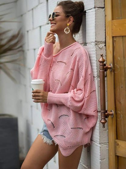 Loose Batwing Sleeve Hollow Out Knit Sweater Top - Get it from Bo