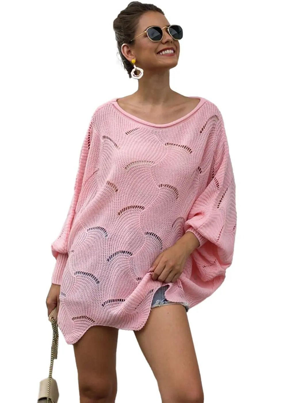 Loose Batwing Sleeve Hollow Out Knit Sweater Top - Get it from Bo