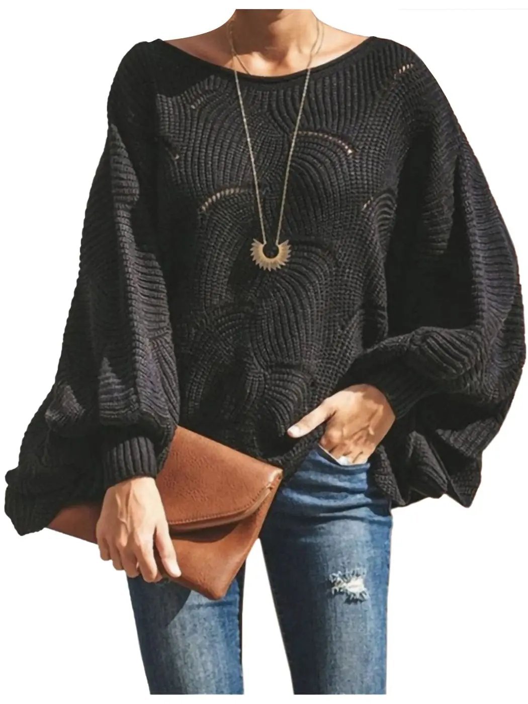 Loose Batwing Sleeve Hollow Out Knit Sweater Top - Get it from Bo
