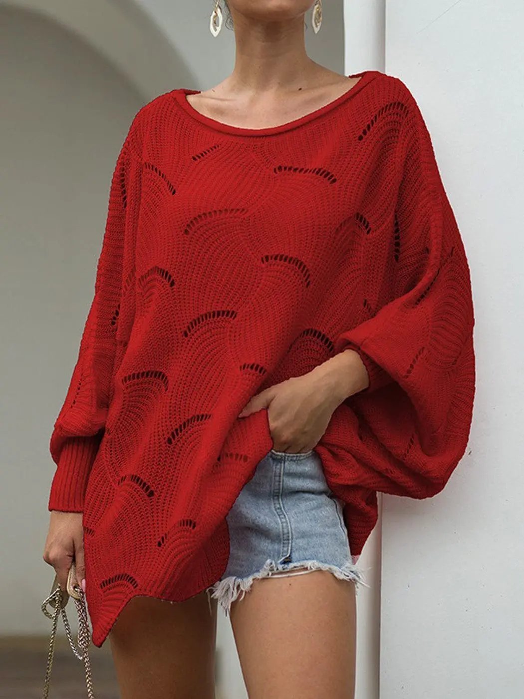 Loose Batwing Sleeve Hollow Out Knit Sweater Top - Get it from Bo