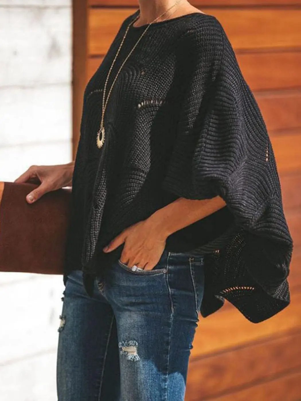 Loose Batwing Sleeve Hollow Out Knit Sweater Top - Get it from Bo