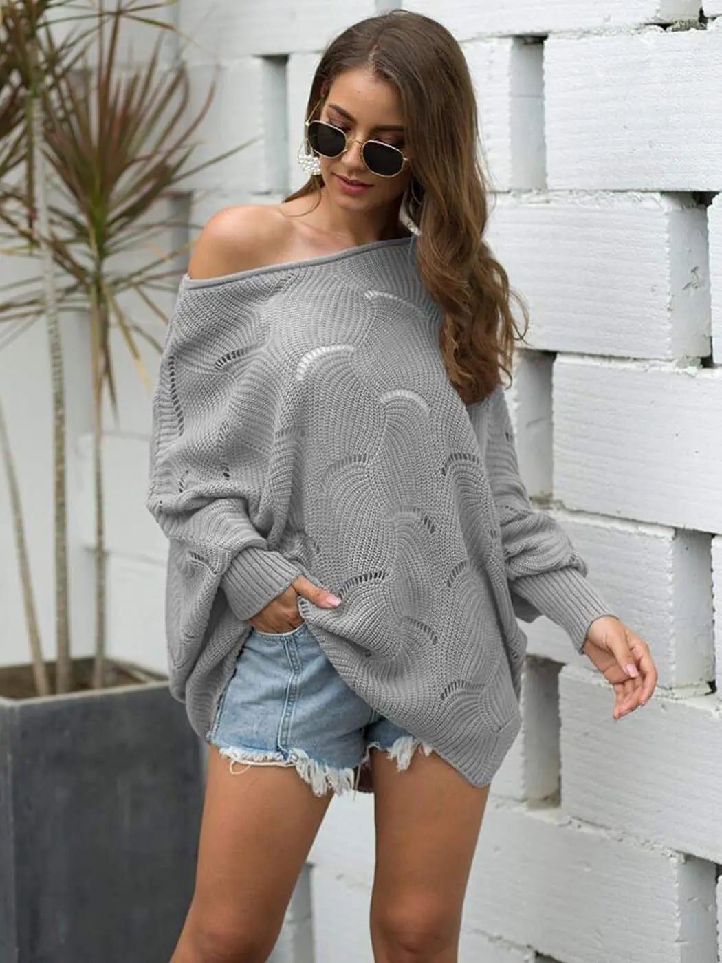 Loose Batwing Sleeve Hollow Out Knit Sweater Top - Get it from Bo