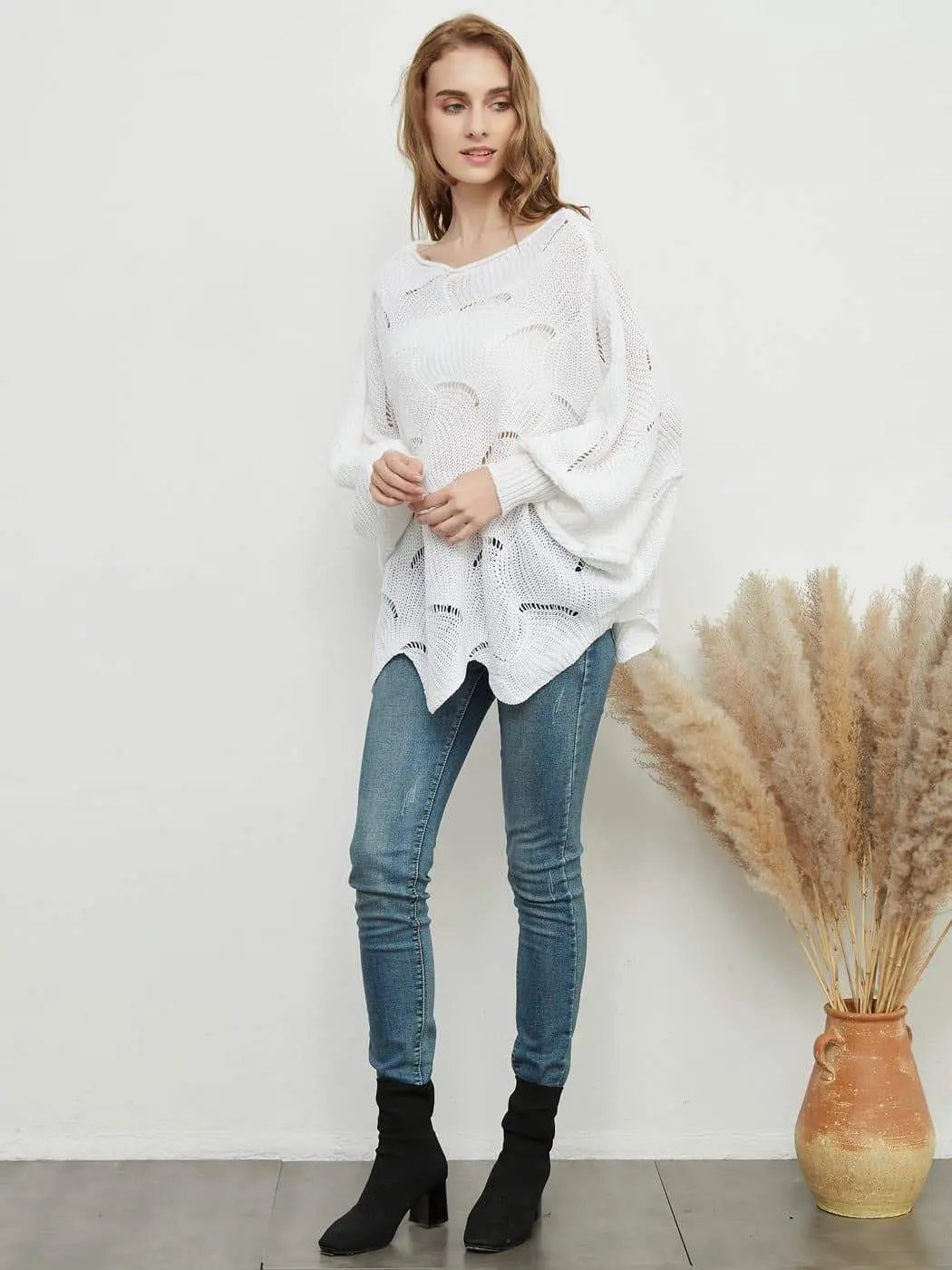 Loose Batwing Sleeve Hollow Out Knit Sweater Top - Get it from Bo
