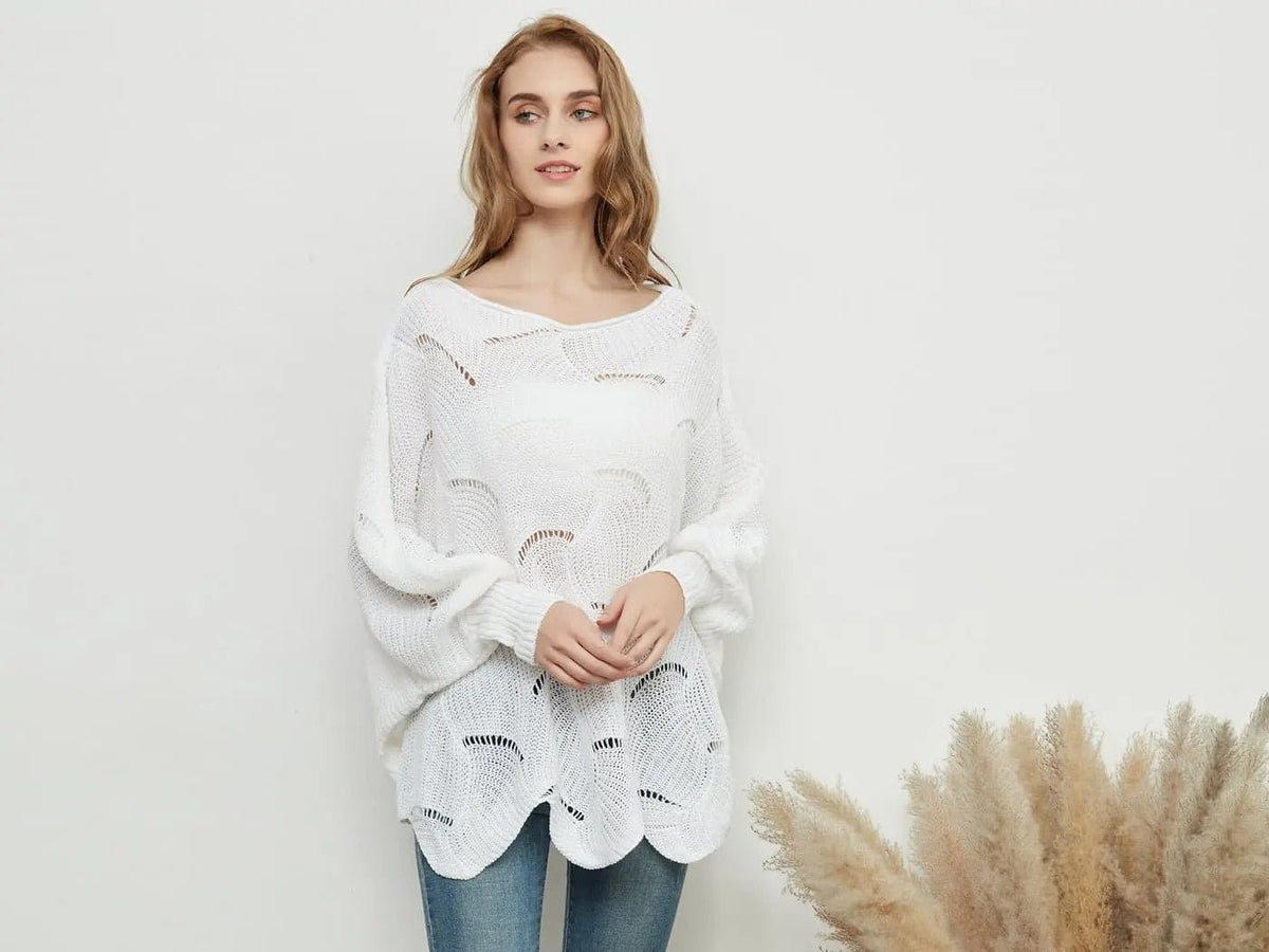 Loose Batwing Sleeve Hollow Out Knit Sweater Top - Get it from Bo