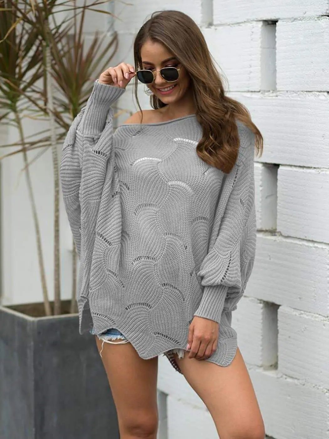 Loose Batwing Sleeve Hollow Out Knit Sweater Top - Get it from Bo