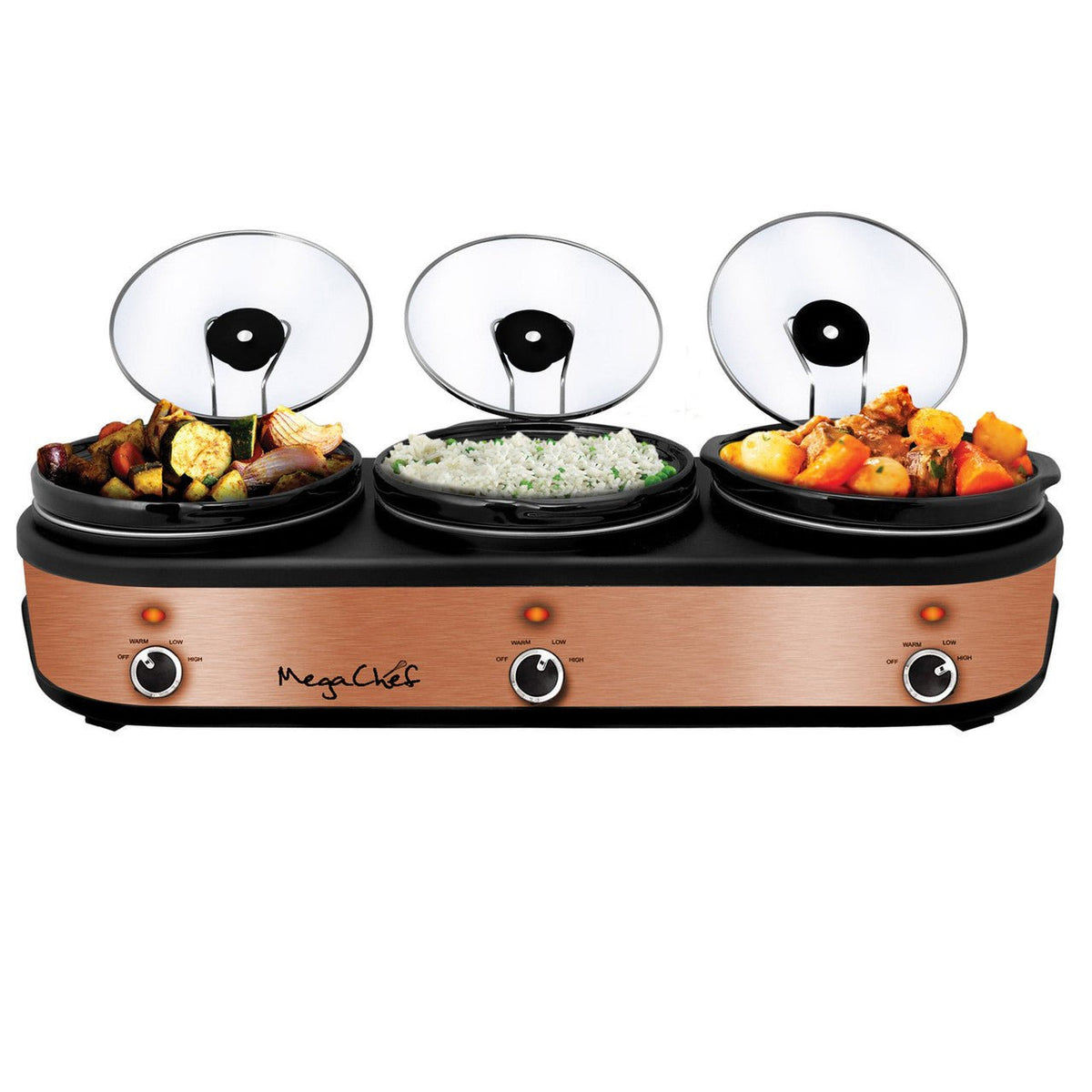 MegaChef Triple 2.5 Quart Slow Cooker and Buffet Server in Brushed Copper and Black Finish with 3 C - Get it from Bo