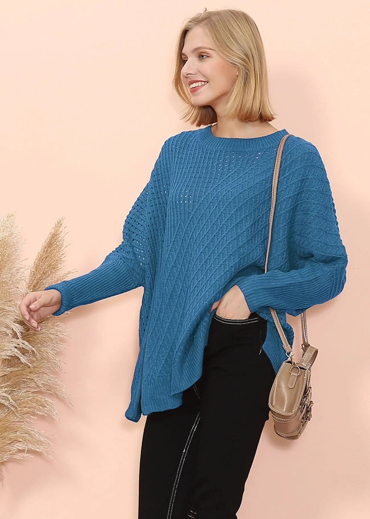 Mixed Knit Zipper Slit Sweater - Get it from Bo