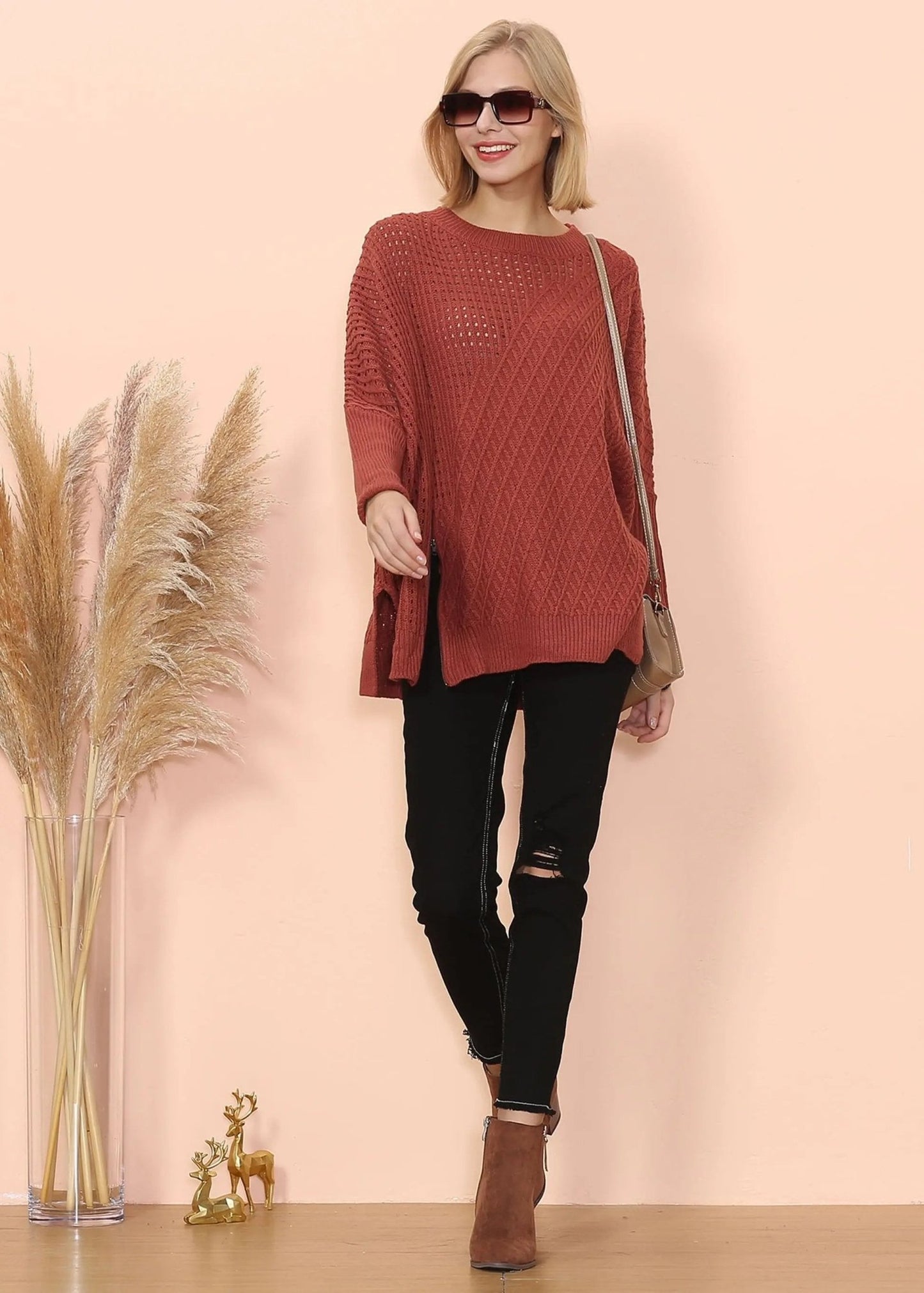 Mixed Knit Zipper Slit Sweater - Get it from Bo