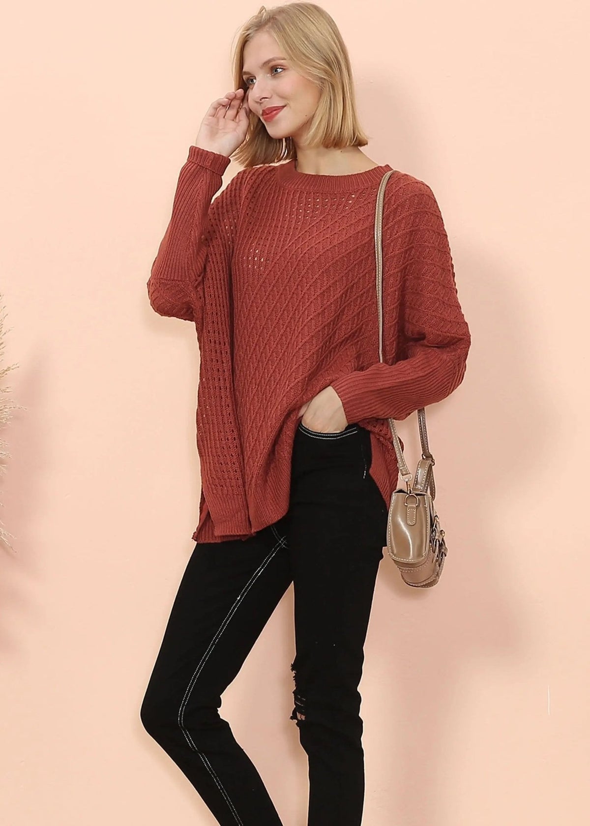 Mixed Knit Zipper Slit Sweater - Get it from Bo