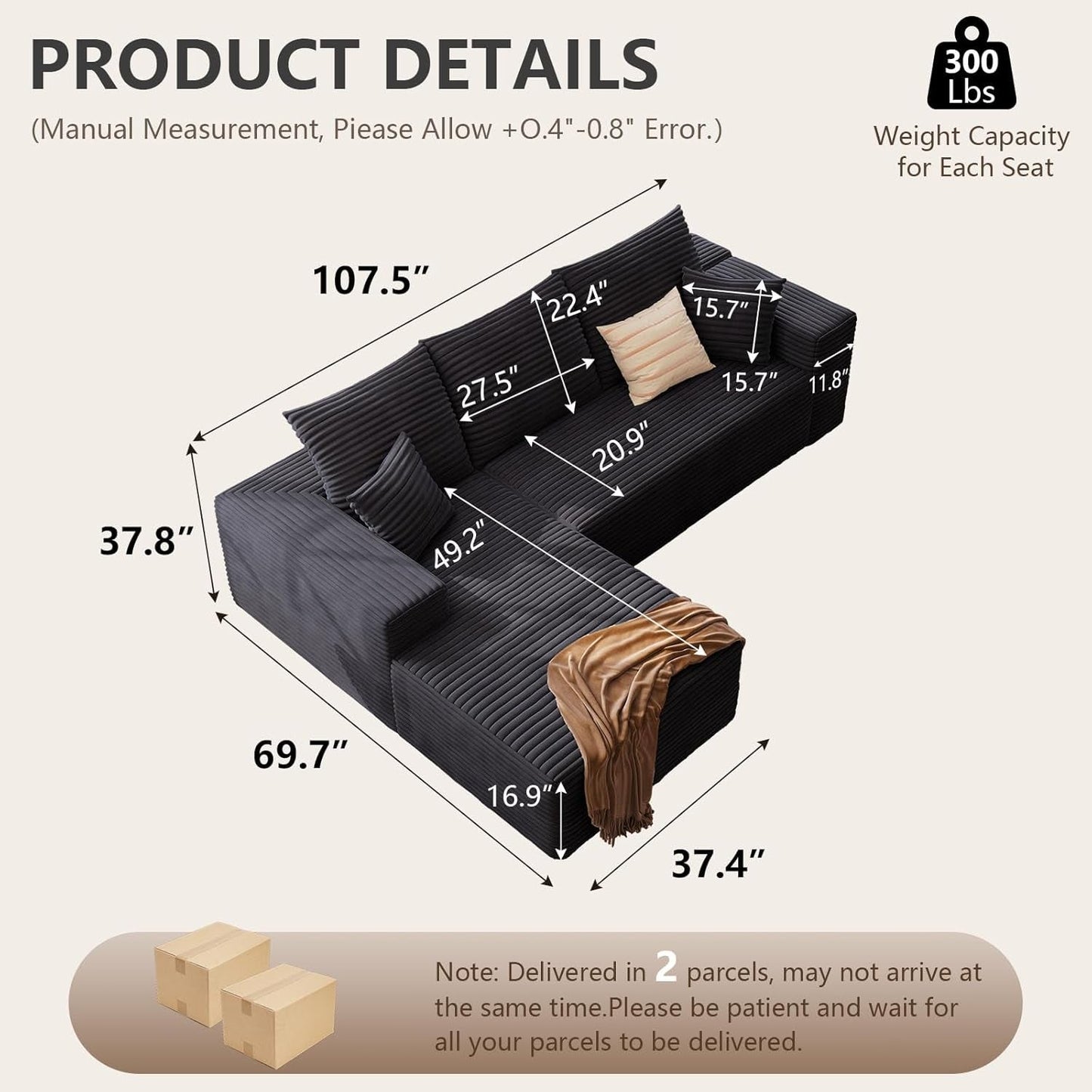 Modern 107 Inch Cloud Sectional Couch with Chaise ShipItFurniture