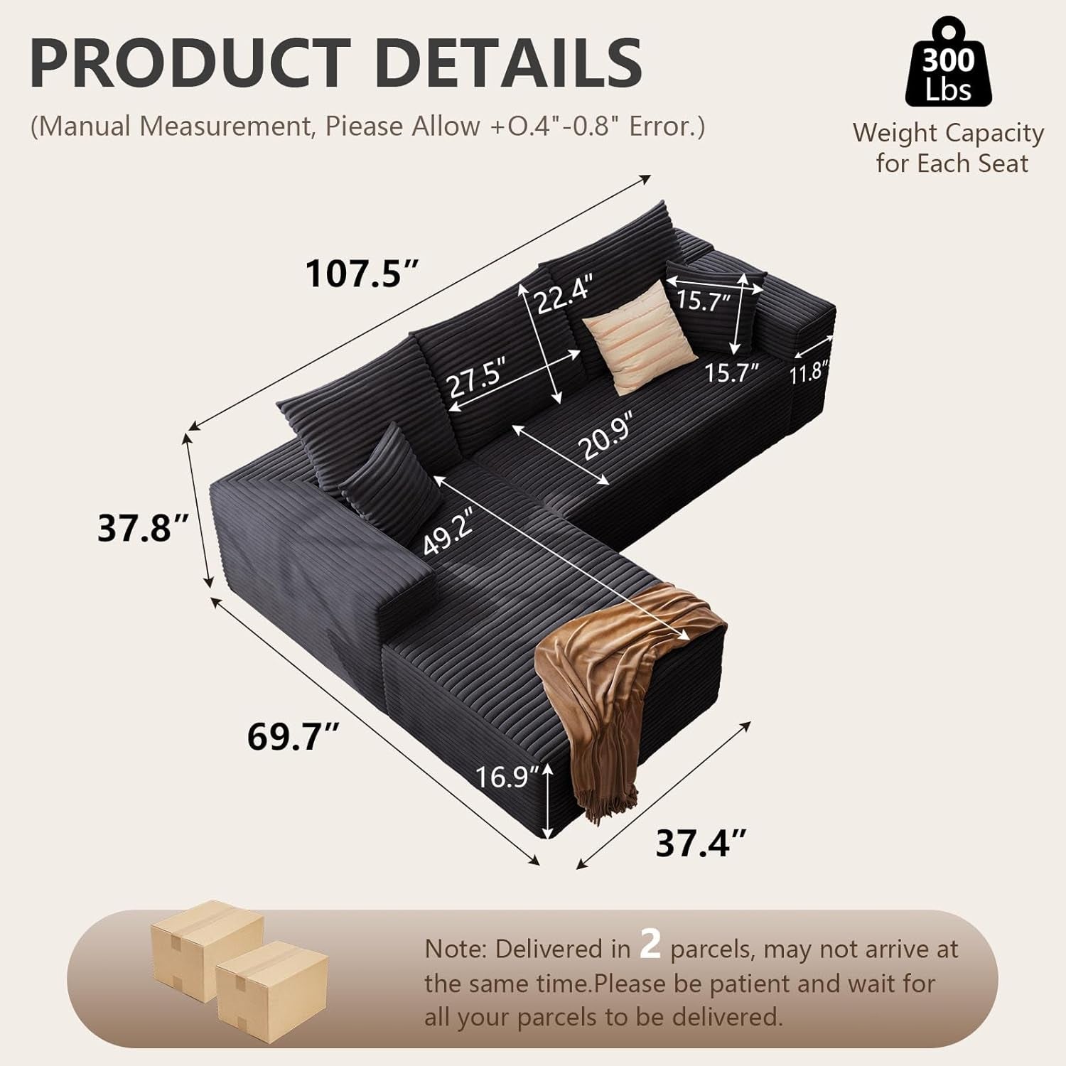 Modern 107 Inch Cloud Sectional Couch with Chaise ShipItFurniture