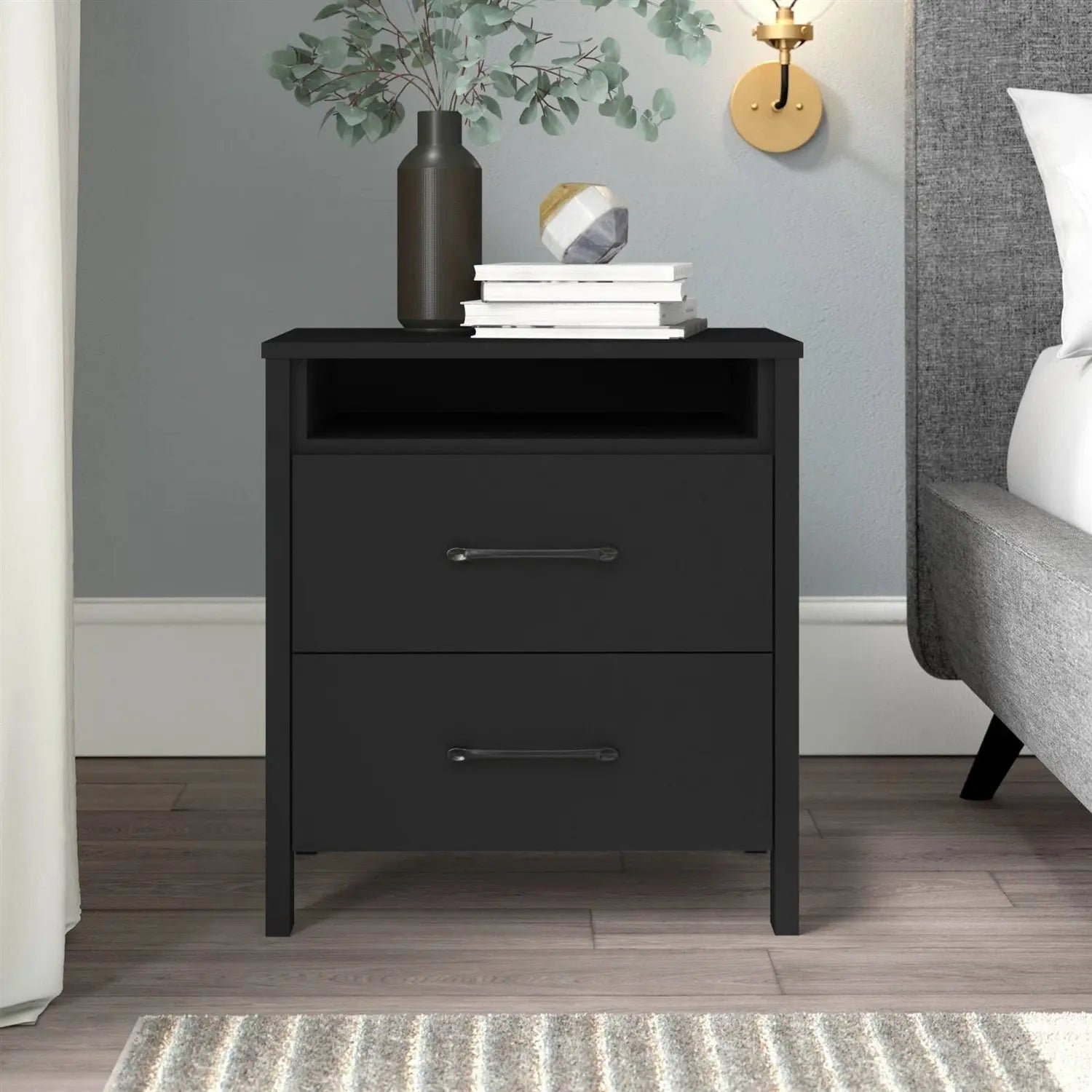 Modern 2-Drawer Nightstand Bedside Table in Black Wood Finish - Get it from Bo