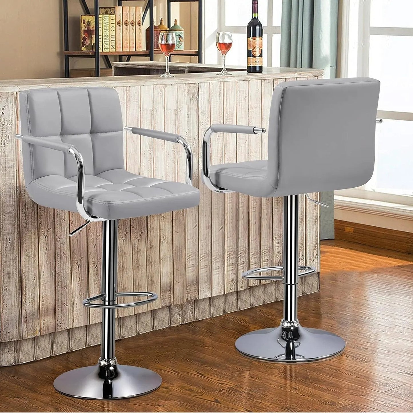 Modern Bar Stools Set of 2 Swivel Kitchen Stool Height Adjustable Square Counter Stool with Back&Armrest PU Leather Stool, Light Grey - Get it from Bo