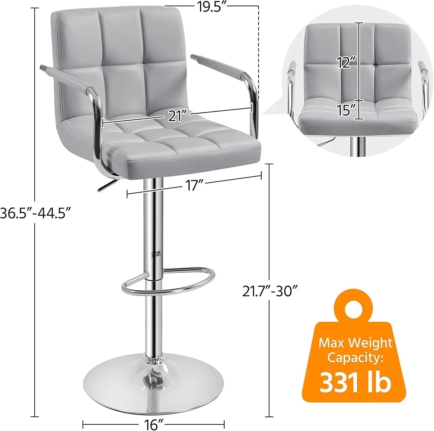 Modern Bar Stools Set of 2 Swivel Kitchen Stool Height Adjustable Square Counter Stool with Back&Armrest PU Leather Stool, Light Grey - Get it from Bo