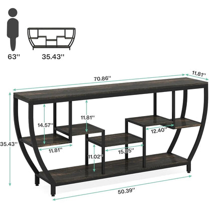 Modern Industrial 70-inch Long Narrow Console Sofa Table with Black Wood Shelves - Get it from Bo