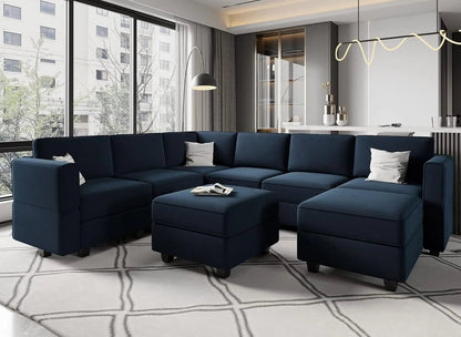 Modular Velvet Sectional Sofa Blue With Storage Ottoman - Get it from Bo