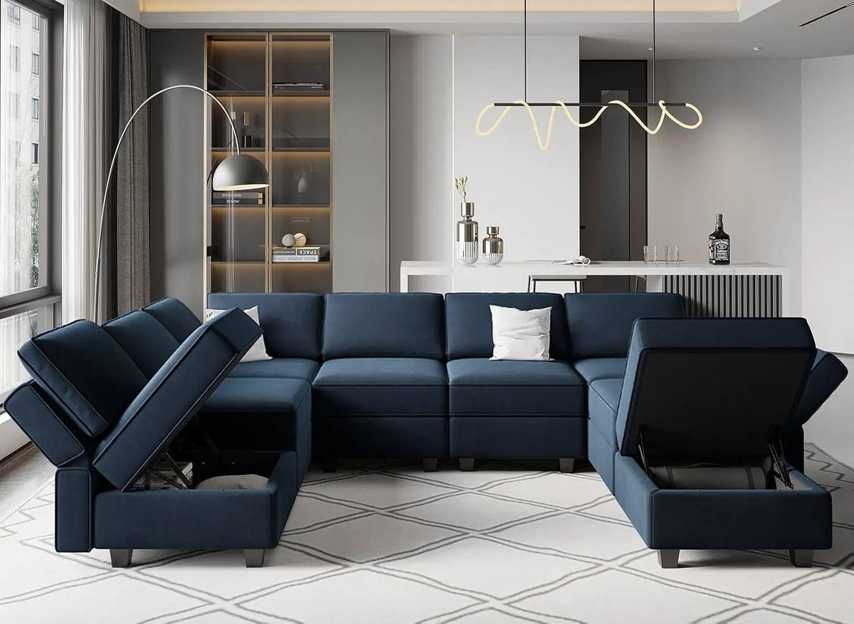 Modular Velvet Sectional Sofa Blue With Storage Ottoman - Get it from Bo