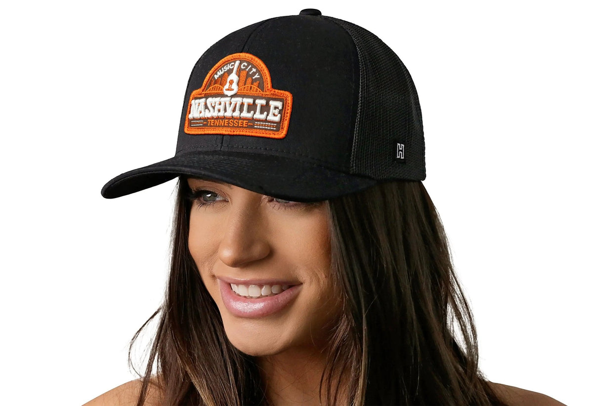 Nashville Music City Trucker Hat | Black Cityscape Snapback - Get it from Bo