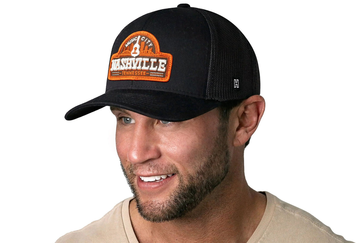 Nashville Music City Trucker Hat | Black Cityscape Snapback - Get it from Bo