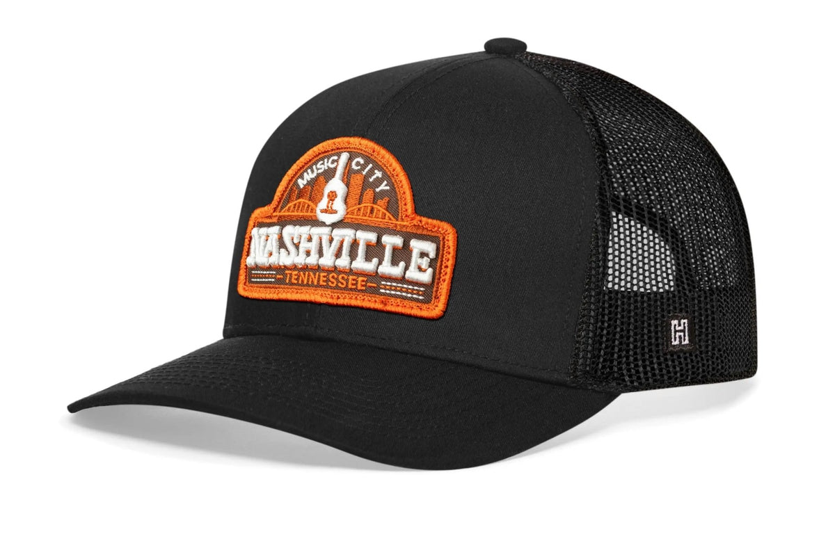 Nashville Music City Trucker Hat | Black Cityscape Snapback - Get it from Bo