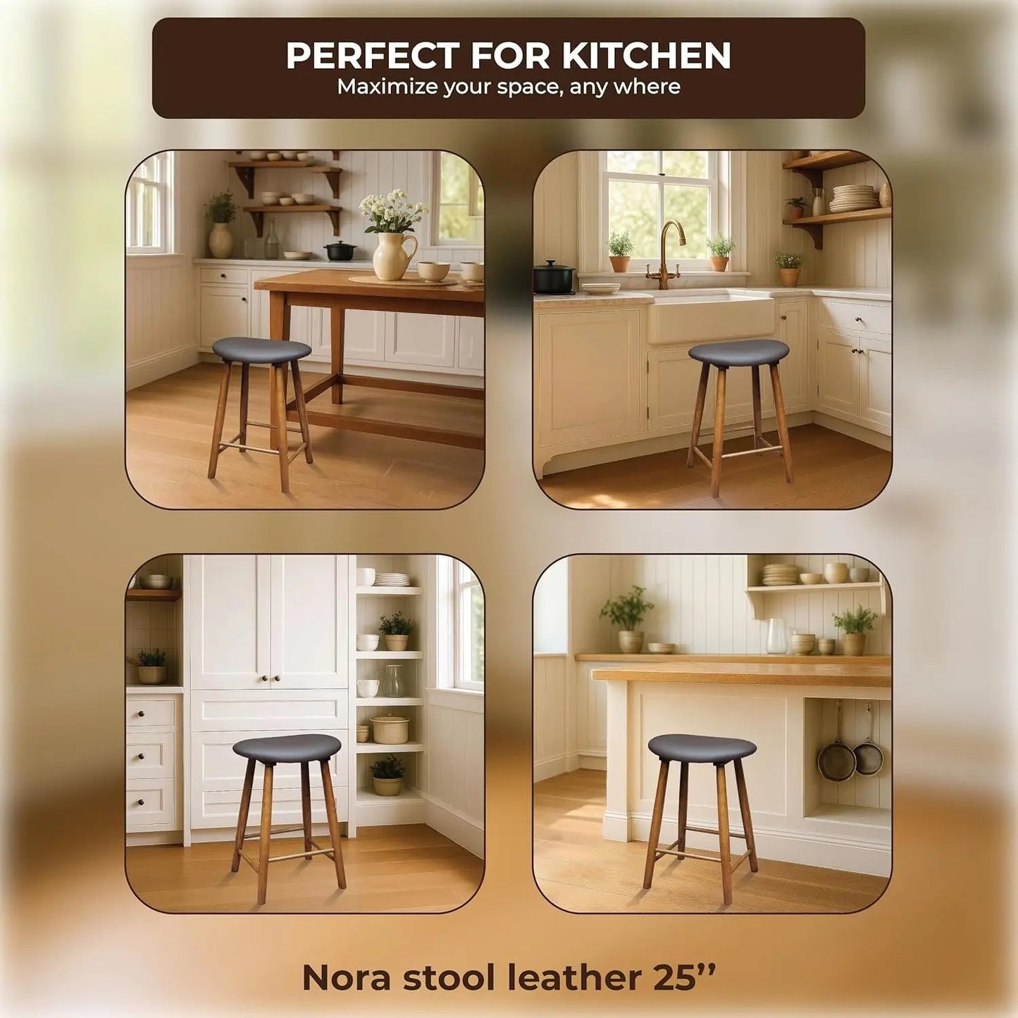 Nora Stool 25" Upholstered Counter Stool, Bar Stool with Leather Cushion for Kitchen & Home Bar, Rubber Wood-4