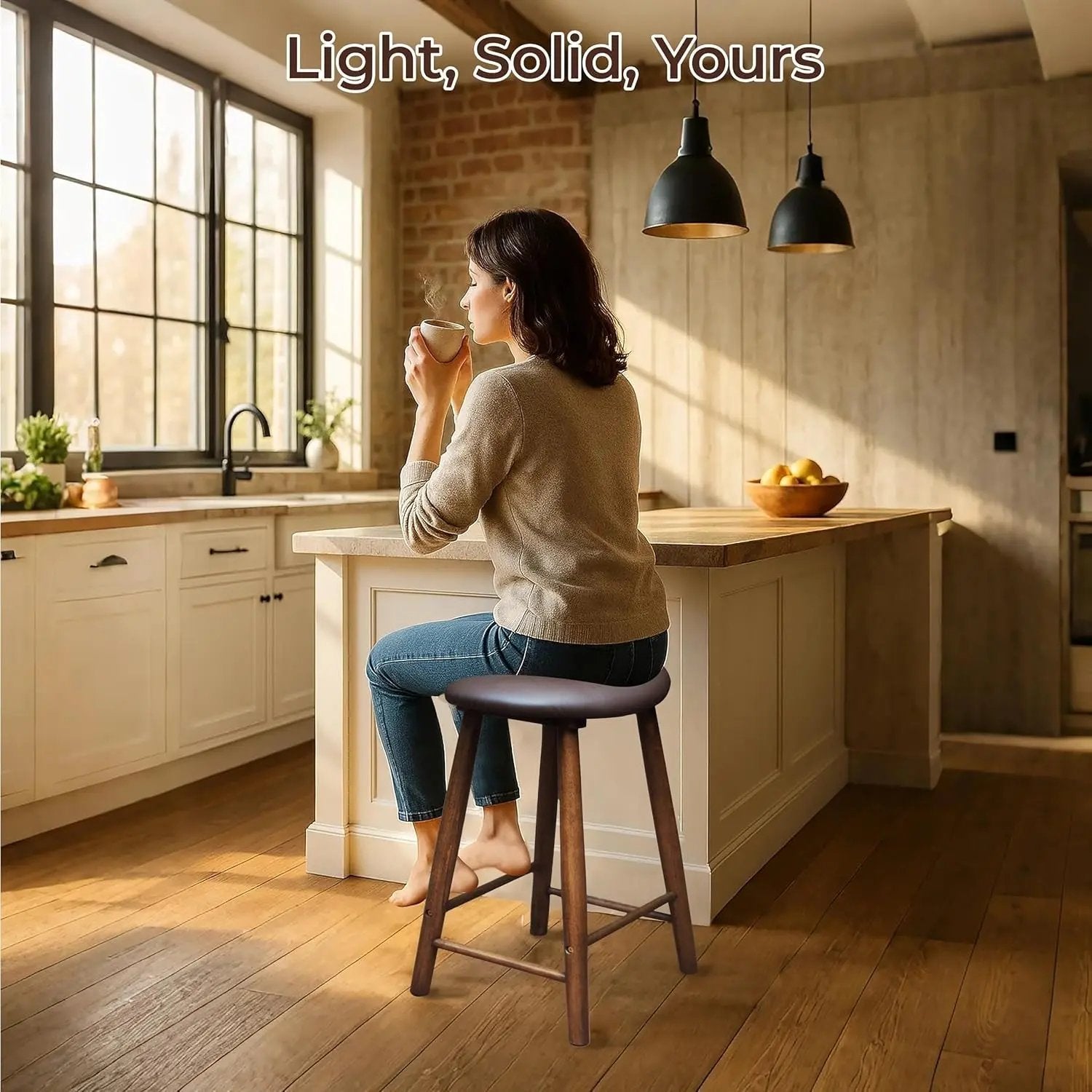 Nora Stool 25" Upholstered Counter Stool, Bar Stool with Leather Cushion for Kitchen & Home Bar, Rubber Wood-1