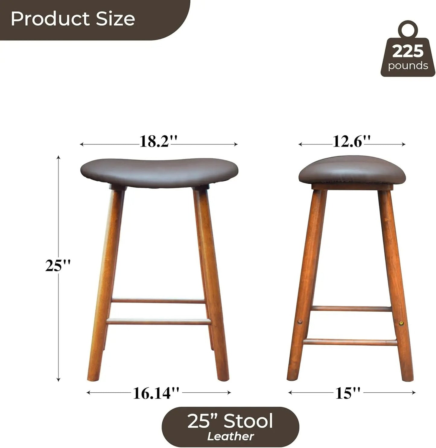 Nora Stool 25" Upholstered Counter Stool, Bar Stool with Leather Cushion for Kitchen & Home Bar, Rubber Wood-2