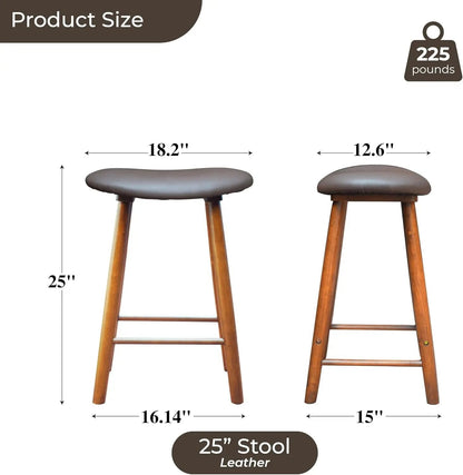 Nora Stool 25" Upholstered Counter Stool, Bar Stool with Leather Cushion for Kitchen & Home Bar, Rubber Wood-2