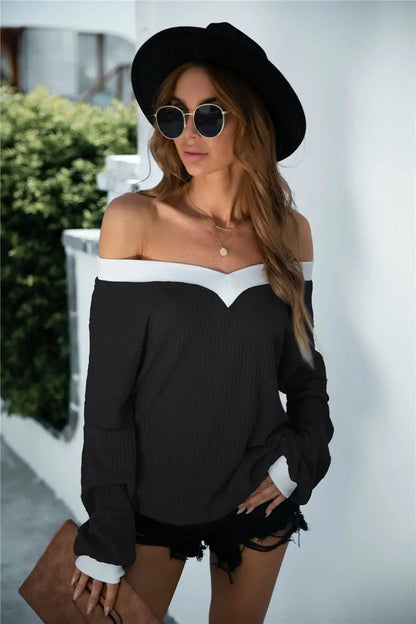 Off Shoulder Two Tone Sweater - Get it from Bo