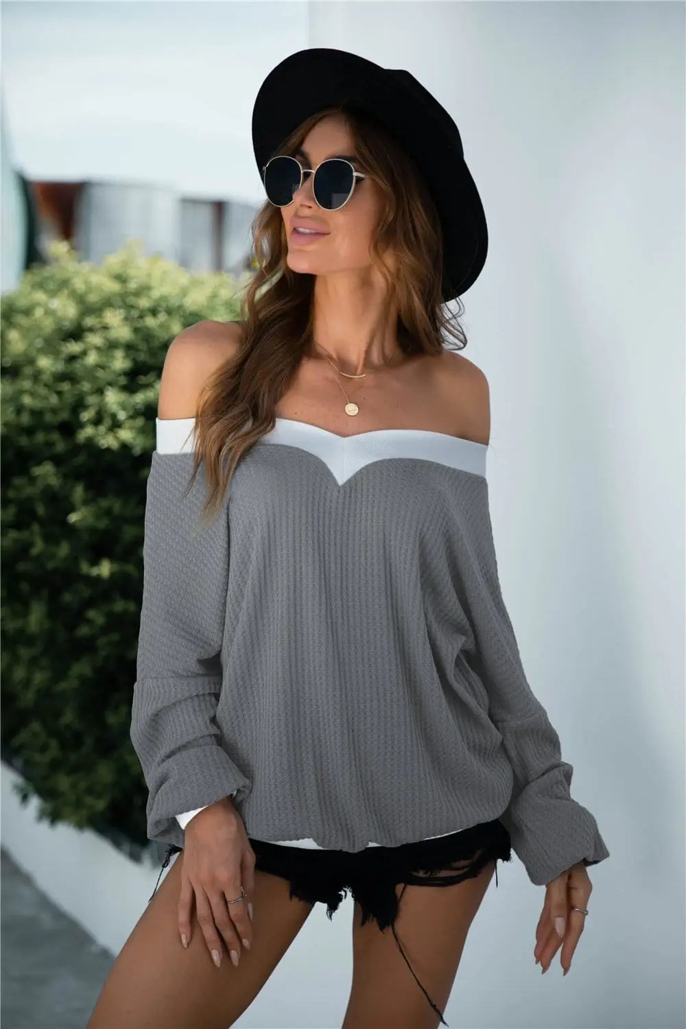 Off Shoulder Two Tone Sweater - Get it from Bo