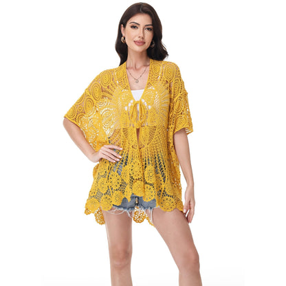 Open Front Crochet Cover-Up with Floral Pattern and Short Sleeves - Get it from Bo