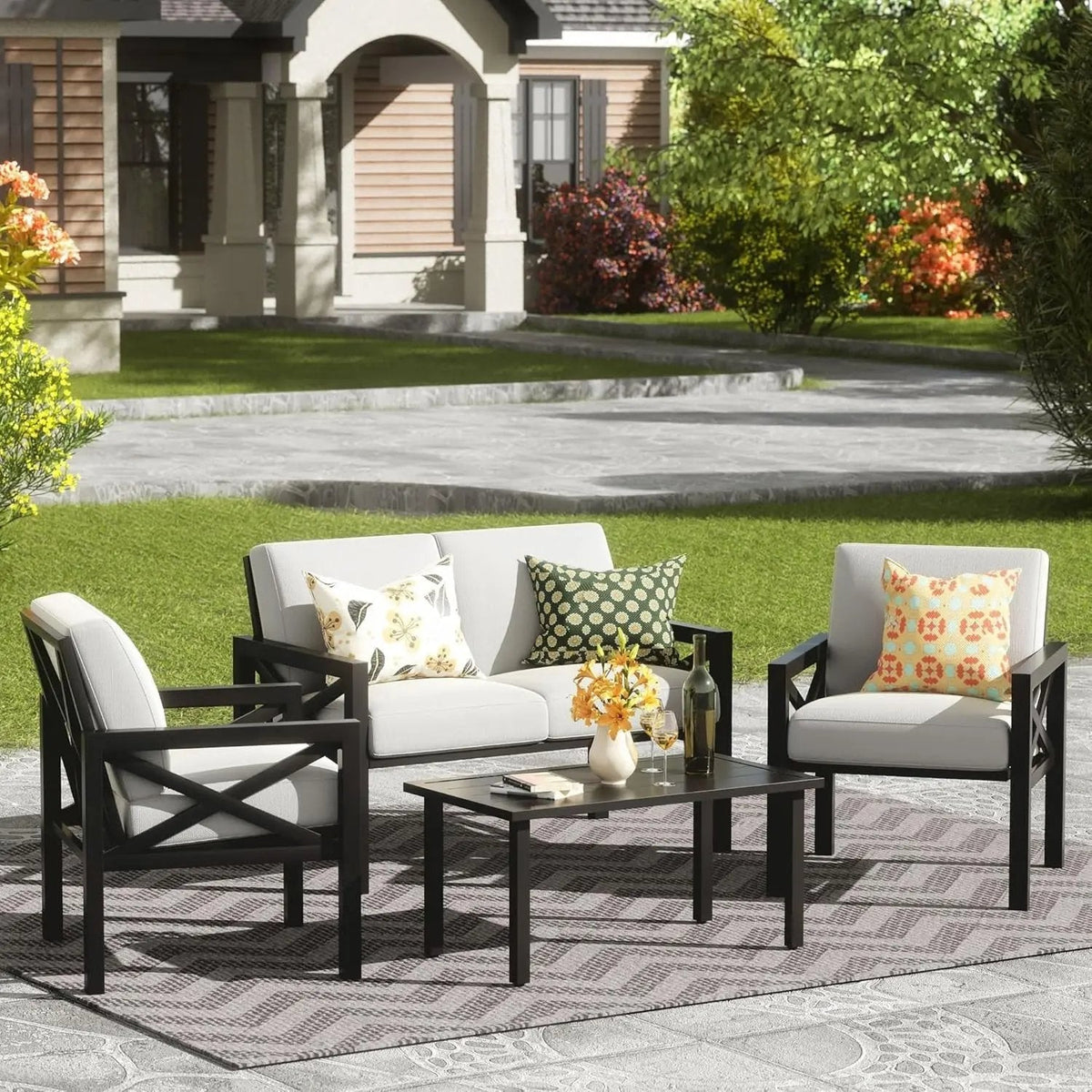 Outdoor Patio Furniture 4 Pieces Set, Modern Patio Conversation Sets, Outdoor Sectional Metal Sofa with 5.5 Inch Cushion and Coffee Table for Balcony, Garden - Get it from Bo