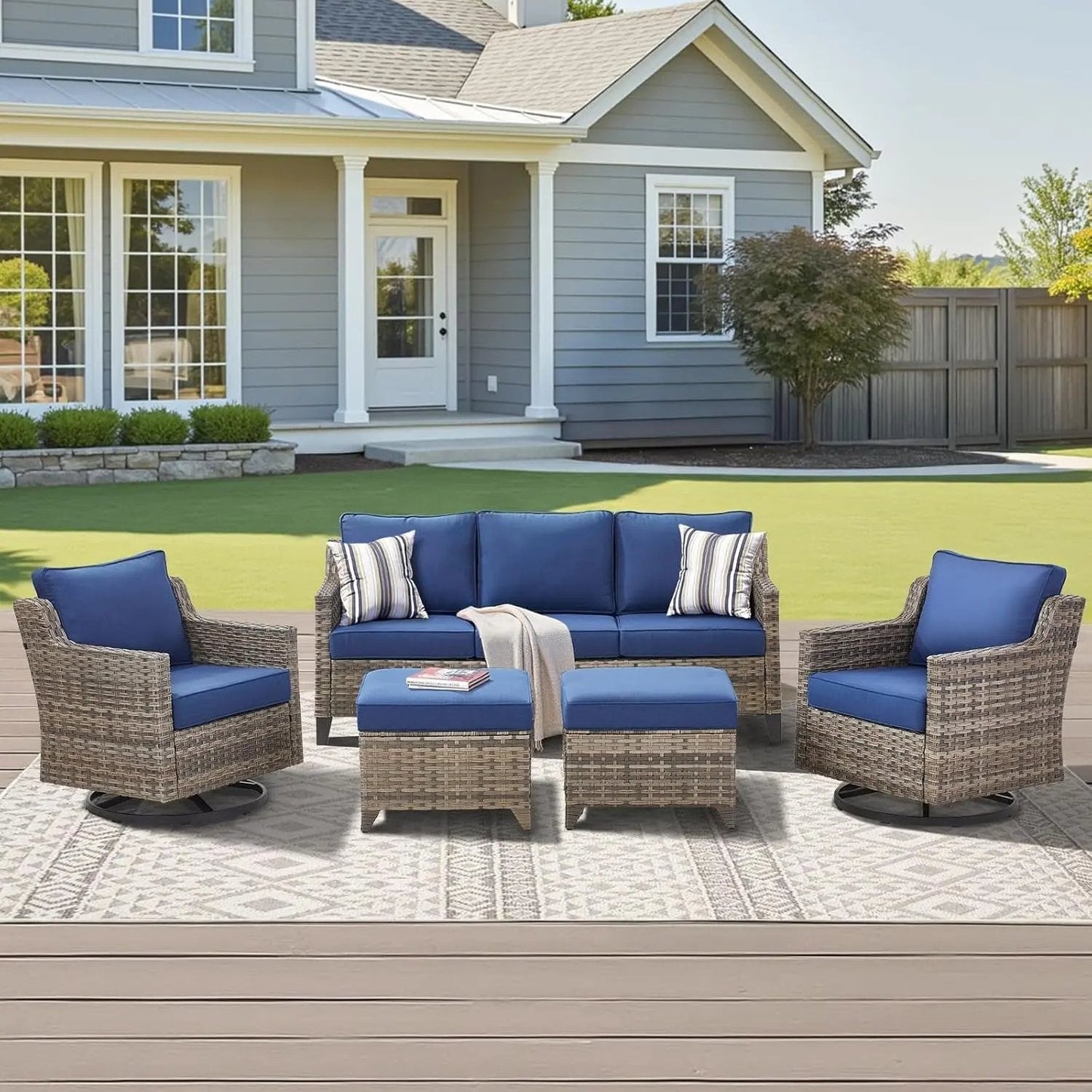 Outdoor Patio Furniture Set-5 Pieces All-Weather Wicker Outdoor Furniture with Swivel Patio Chairs Outdoor Patio Conversation Sets for Garden Porch Deck Grey/Blue - Get it from Bo