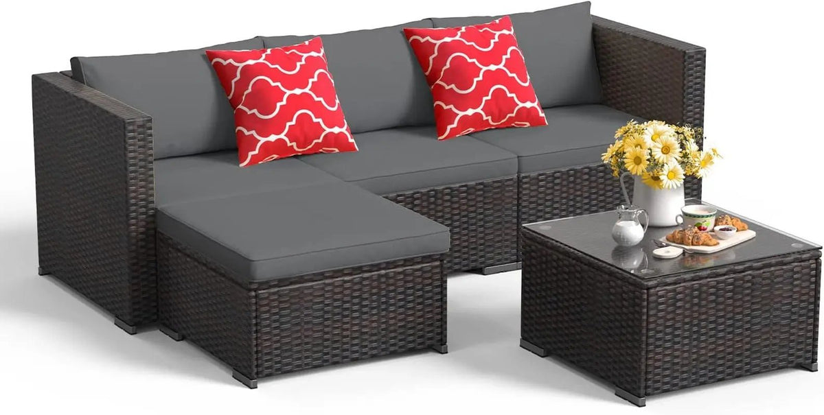 Outdoor Patio Furniture Sets All Weather Outdoor Sofa PE Garden Furniture Wicker Rattan Patio Conversation Set with Glass Table (Grey) - Get it from Bo