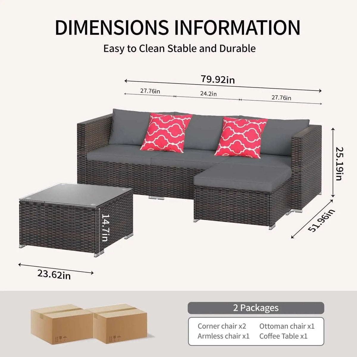 Outdoor Patio Furniture Sets All Weather Outdoor Sofa PE Garden Furniture Wicker Rattan Patio Conversation Set with Glass Table (Grey) - Get it from Bo